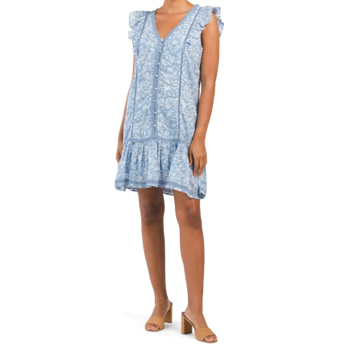 Lucky Brand Lace Trim Ruffle Shoulder Flounce Floral Mini Dress 1