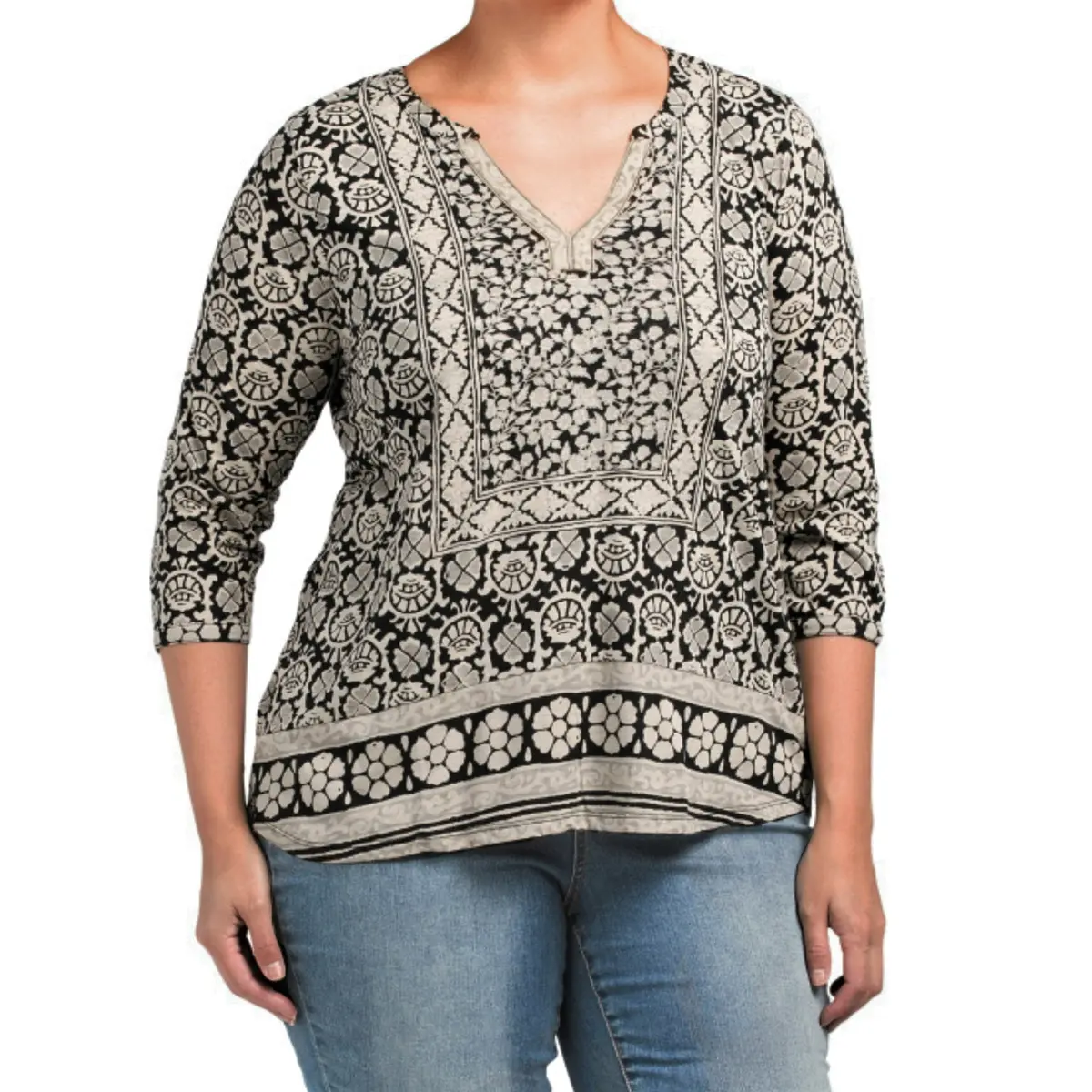 Lucky Brand Women's Plus Bohemian Block Textured Floral Print Tunic Top 1