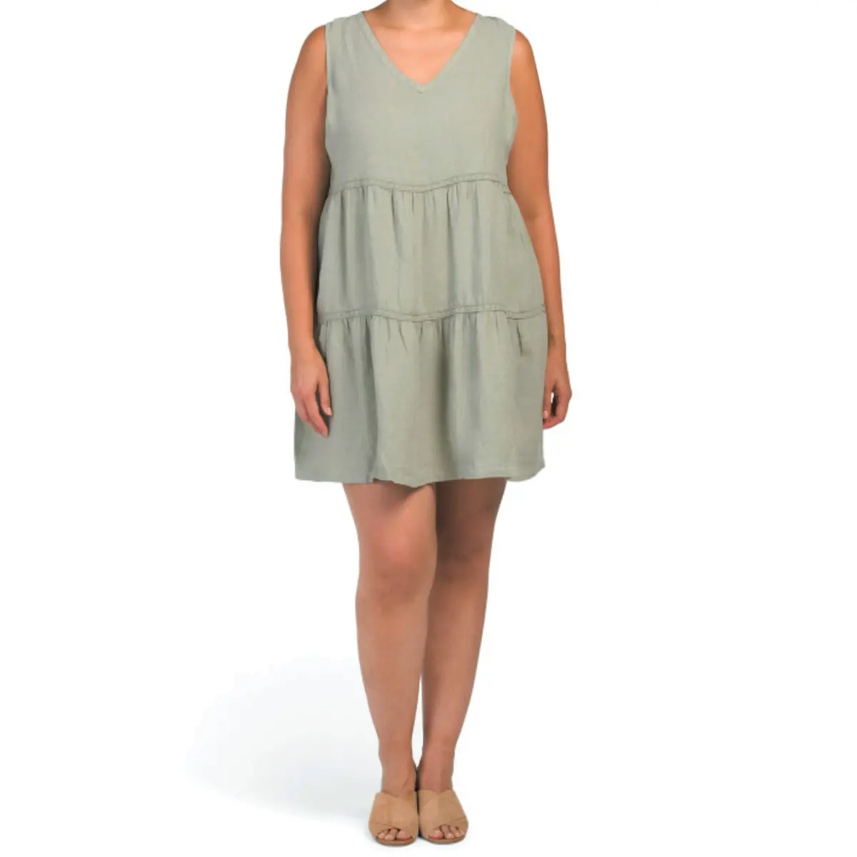 Lucky Brand Women's Plus Linen Sleeveless V-Neck Tiered Crochet Detail Mini Dress 1