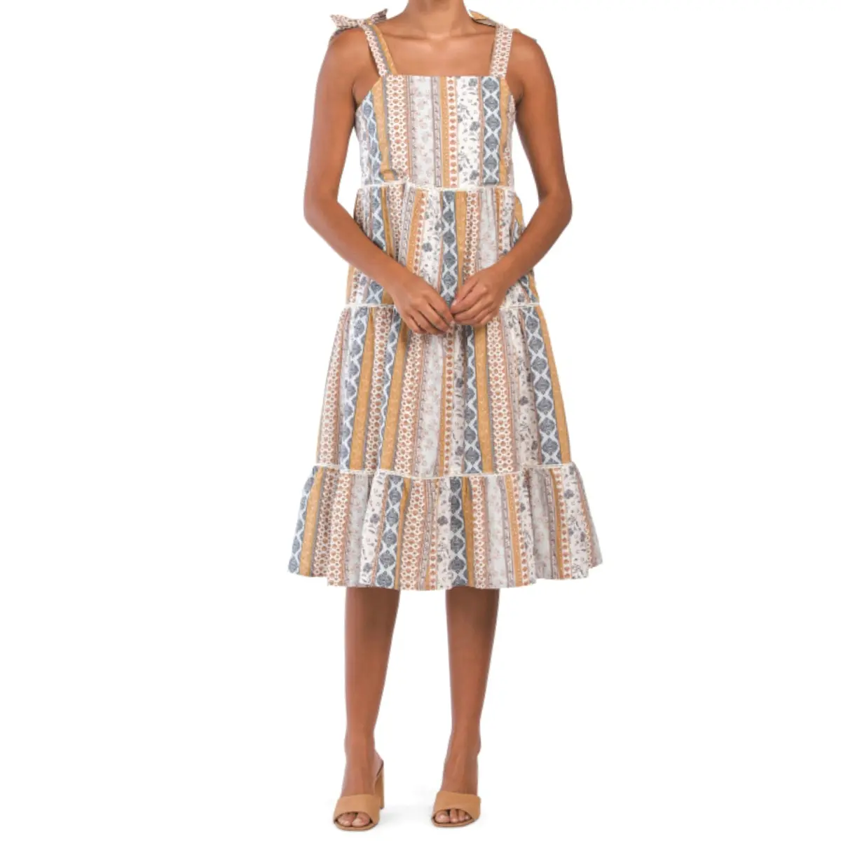 Lucky Brand Women's Floral Stripe Shoulder Tie Smock Tiered Cotton Summer Midi Dress 1