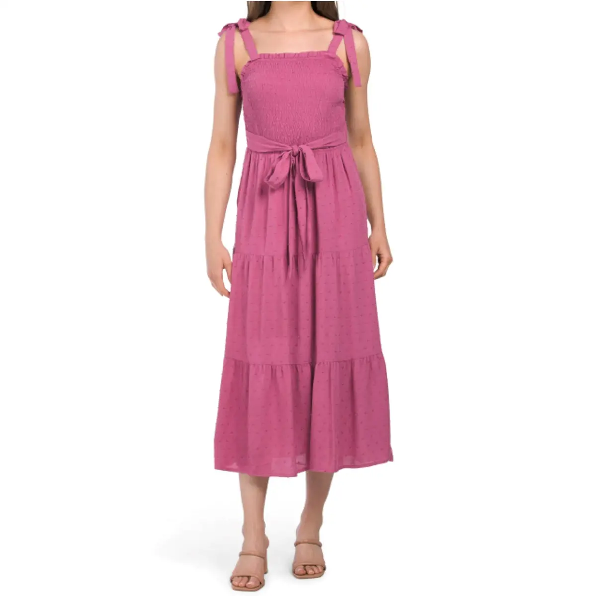 Lucky Brand Women's Swiss Dot Smocked Top Tired Midi Dress 1