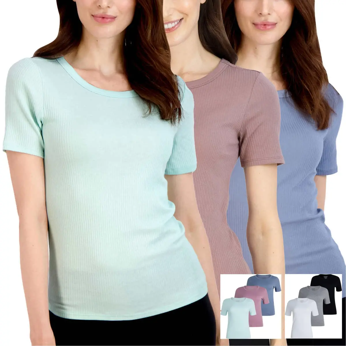 Lucky Brand Women's 3-Pack Crew Neck Tee Lightweight Ribbed Cotton Blend T-Shirt 1