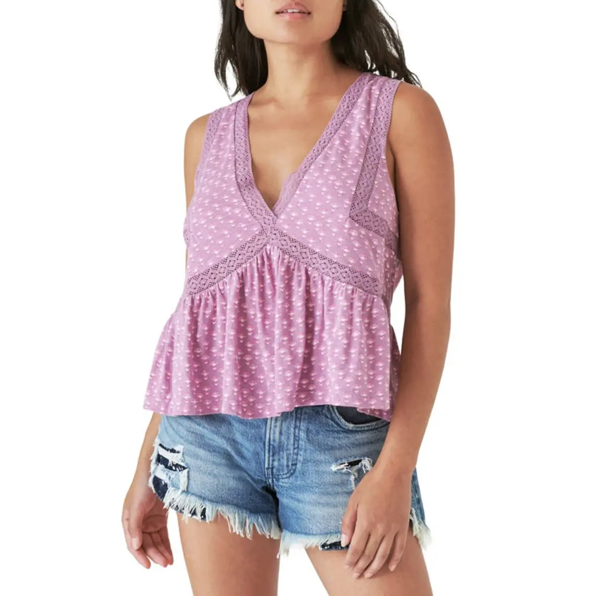Lucky Brand Women's Geo Lace Trim V-Neck Ruffle Hem Cotton Tank Top 1
