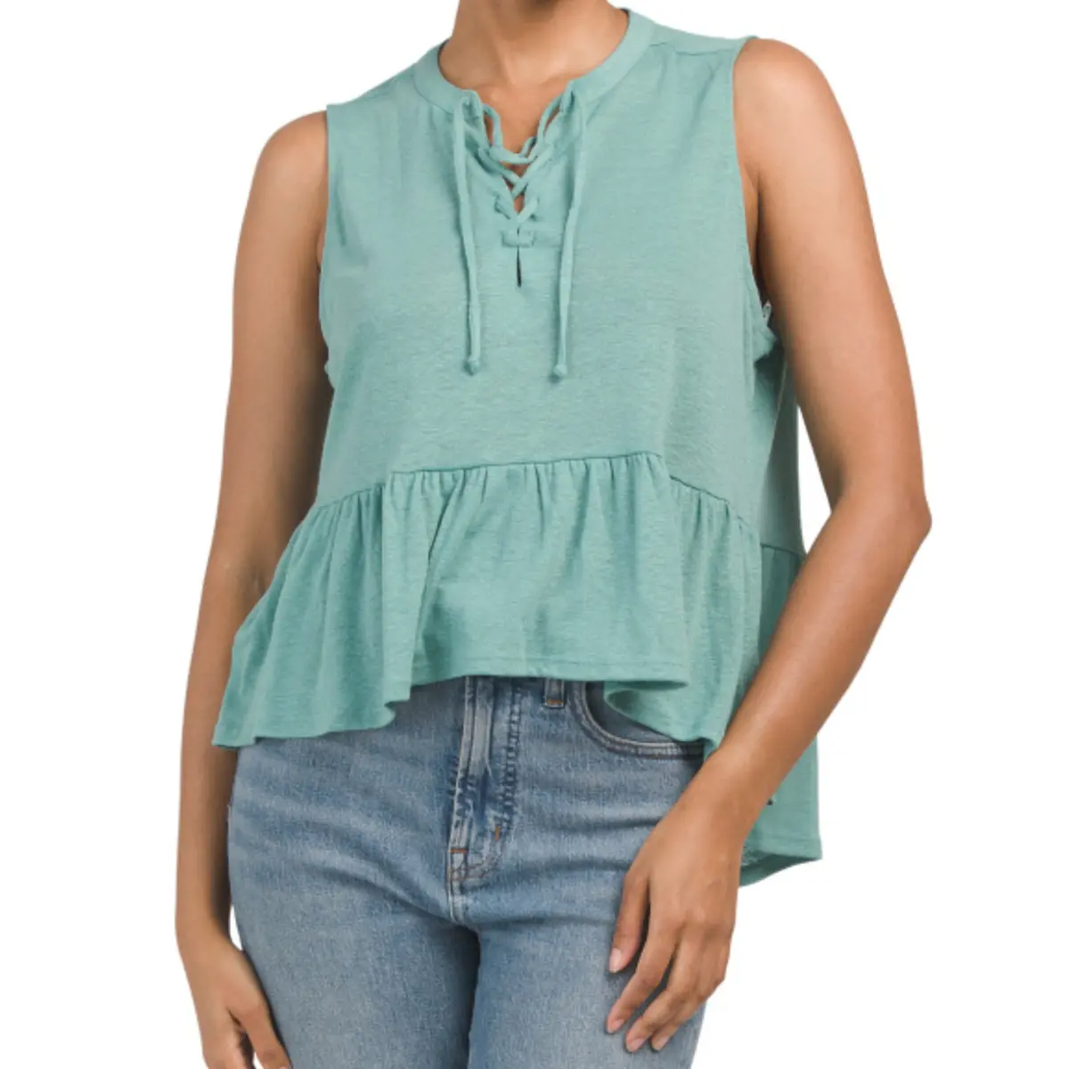 Lucky Brand Women's Linen Sleeveless Tie Neck Hi Low Ruffle Hem Top 1