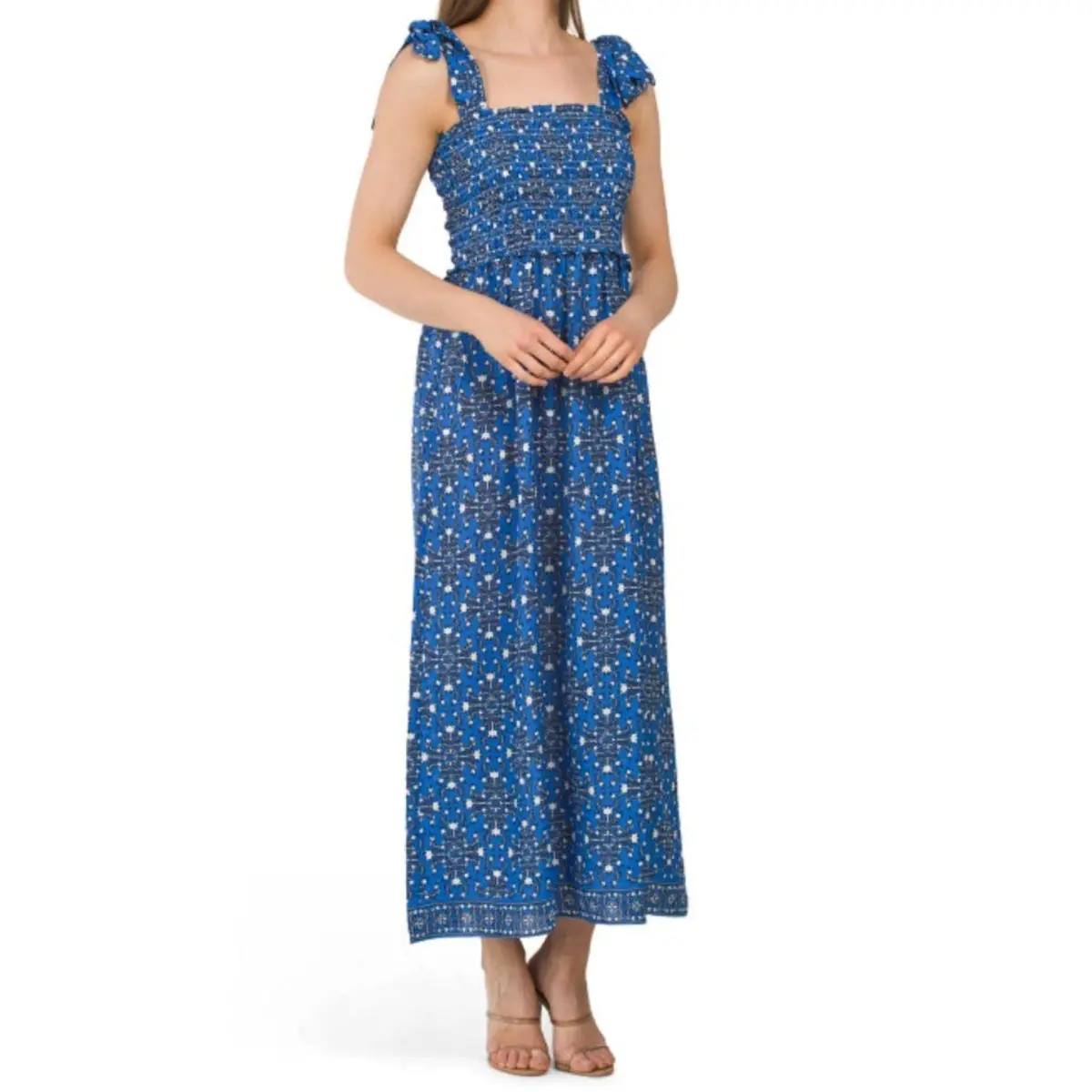 Max Studio Women's Tie Strap Smocked Bodice Floral Print Maxi Dress 1