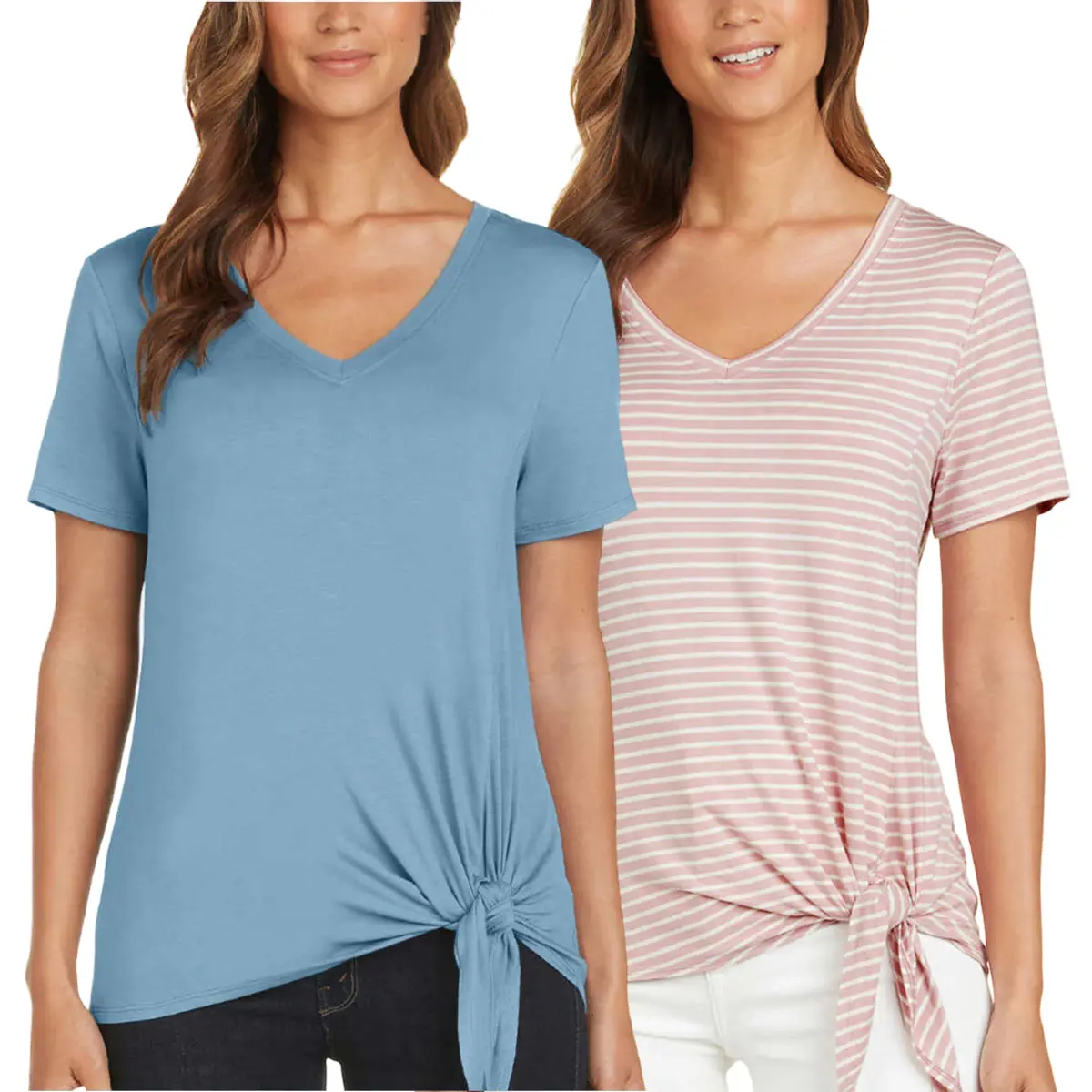 Matty M Women's Stripe Print Tee V-Neck Side Tie T-Shirt Top 1