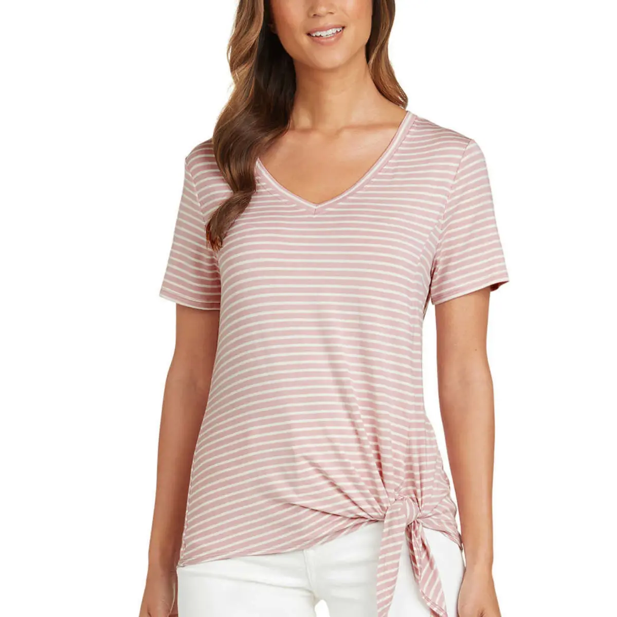 Matty M Women's Stripe Print Tee V-Neck Side Tie T-Shirt Top 1