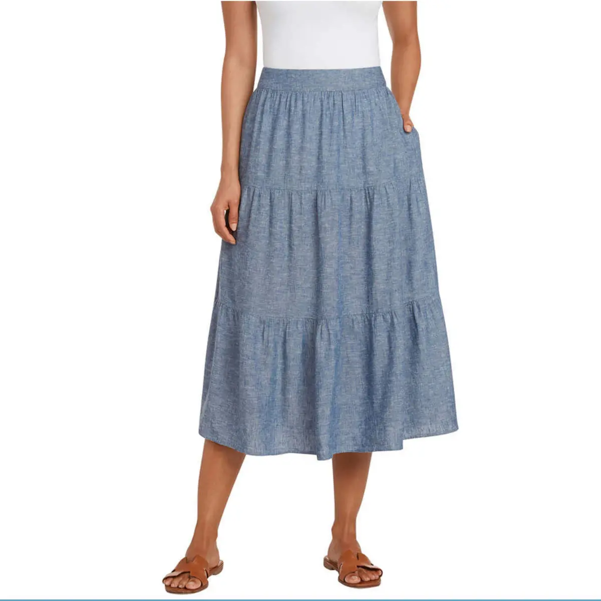 Matty M Women's Linen Blend Side Slit Pockets Tiered Midi Skirt 1