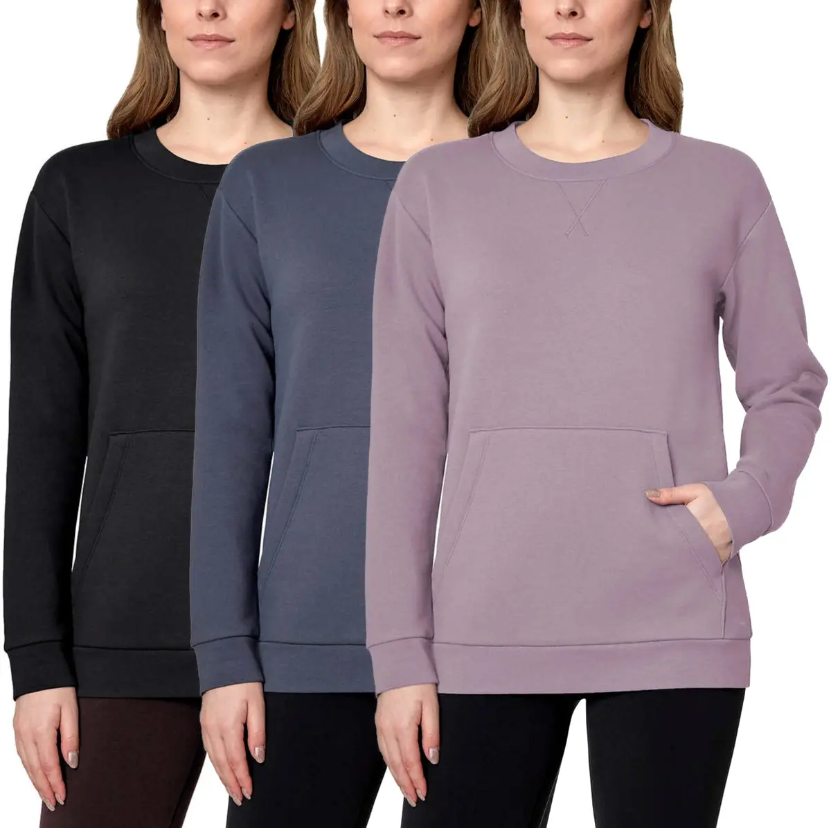 Mondetta Women's Soft Brushed Fleece Kangaroo Pocket Crewneck Top Casual Active Sweatshirt 1