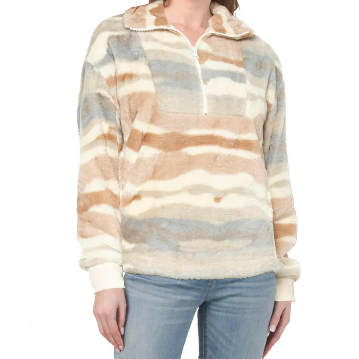 Mountain And Isles Women's Quarter Zip Neck Super Plush Printed Sherpa Fleece Sweatshirt Top 1