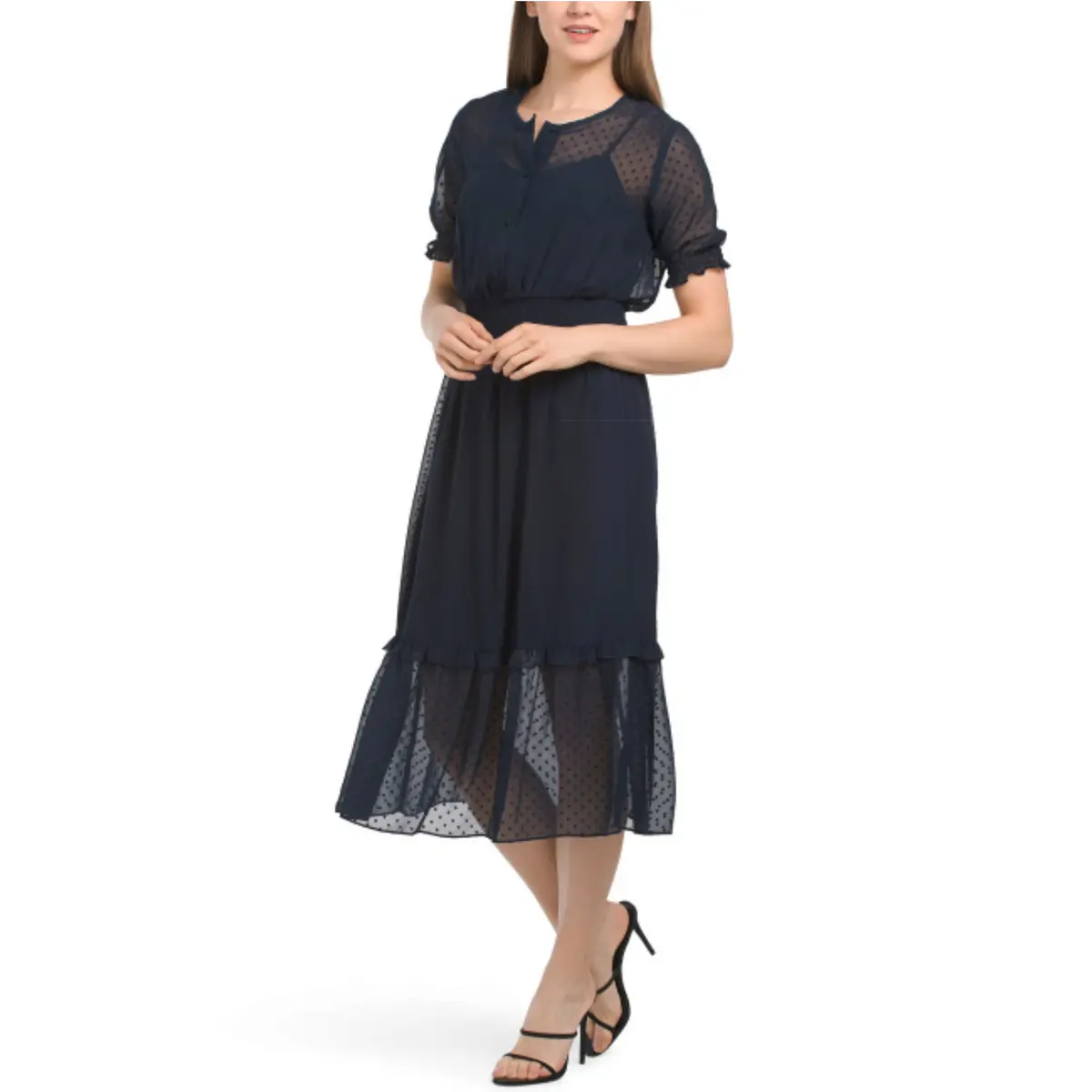 Nanette Lepore Women's Ruffle Hem Chiffon Clip Dot Midi Dress 1