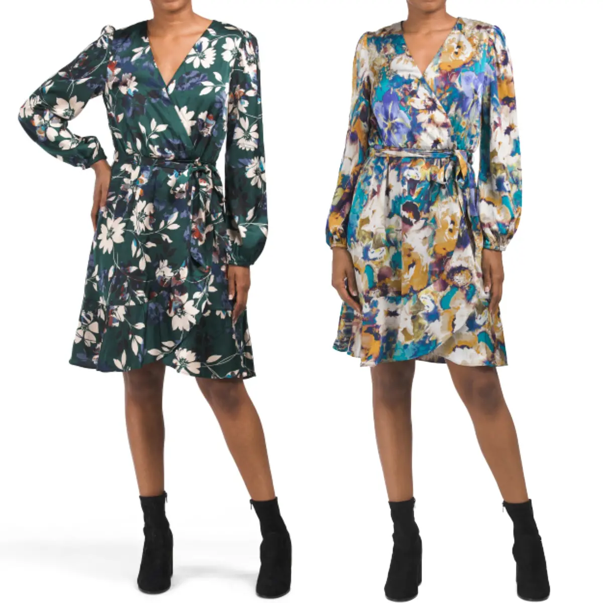 Nicole Miller Ny Women's Long Sleeve Floral Satin Wrap Style Mini Dress 1