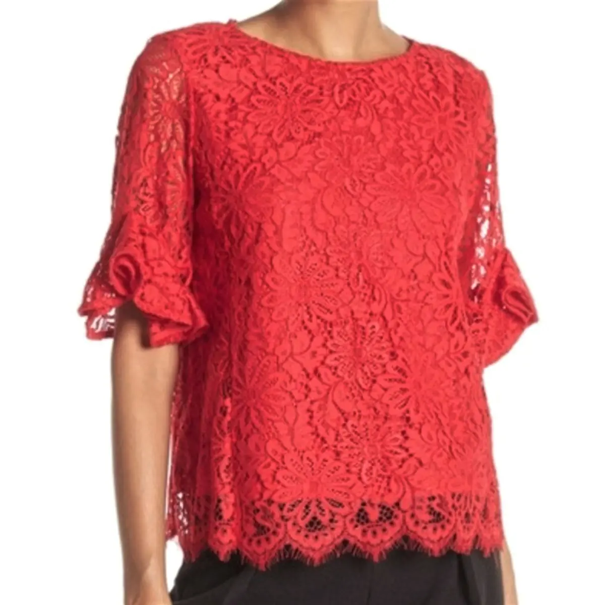 Nanette Lepore Women's Elbow Ruffle Sleeves Scallop Trim Hem Lace Blouse Top 1