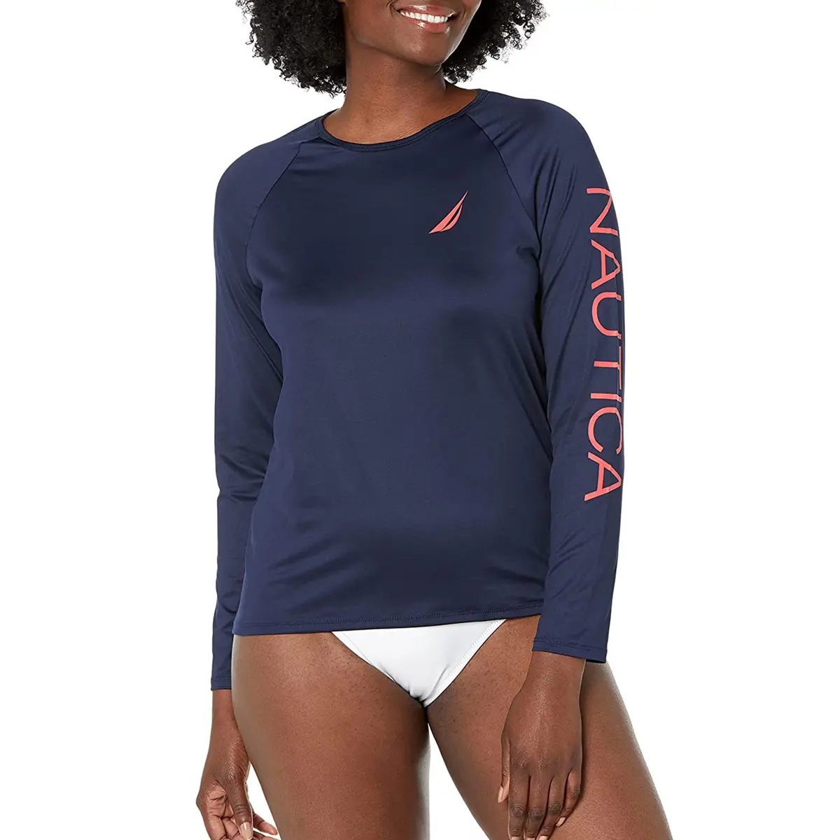 Nautica Women's Long Sleeve Logo Graphic Print Upf 30+ Beach Rashguard Swim Top 1