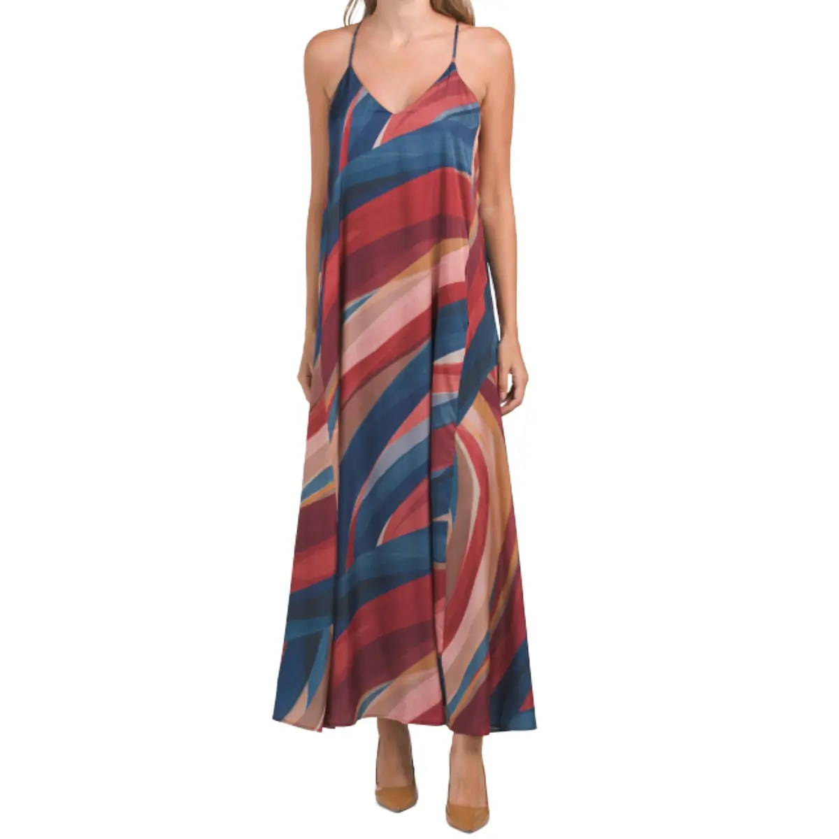 Nicole Miller Abstract Floral Print Slip On Satin Maxi Dress 1
