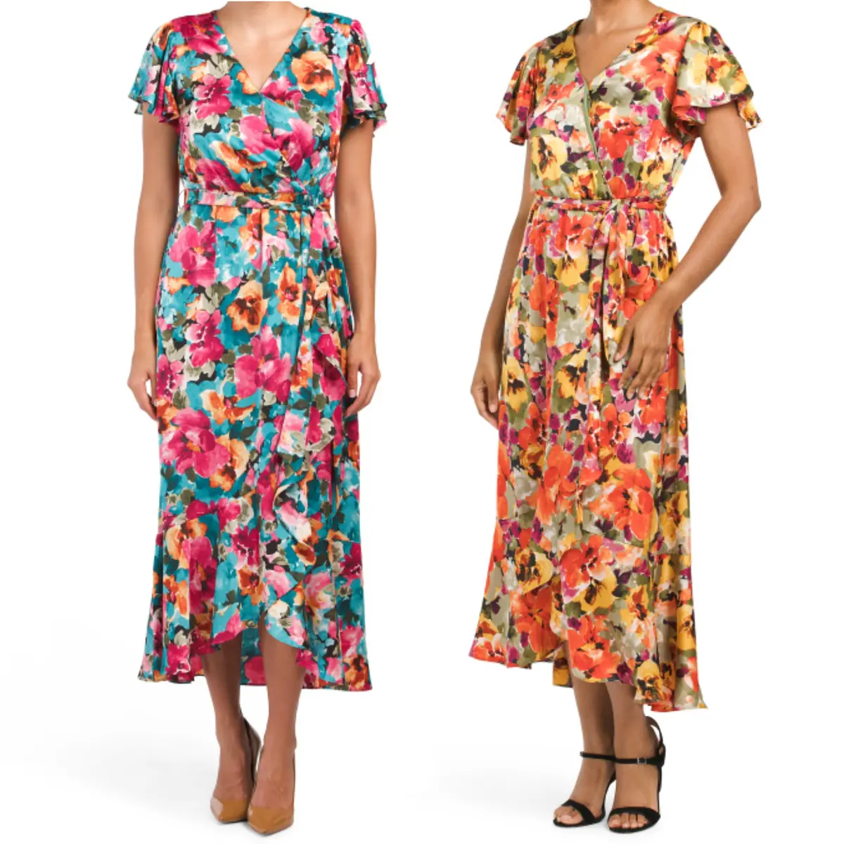 Nicole Miller Women's Floral Print Satin Asymmetrical Ruffle Front Wrap Midi Dress 1