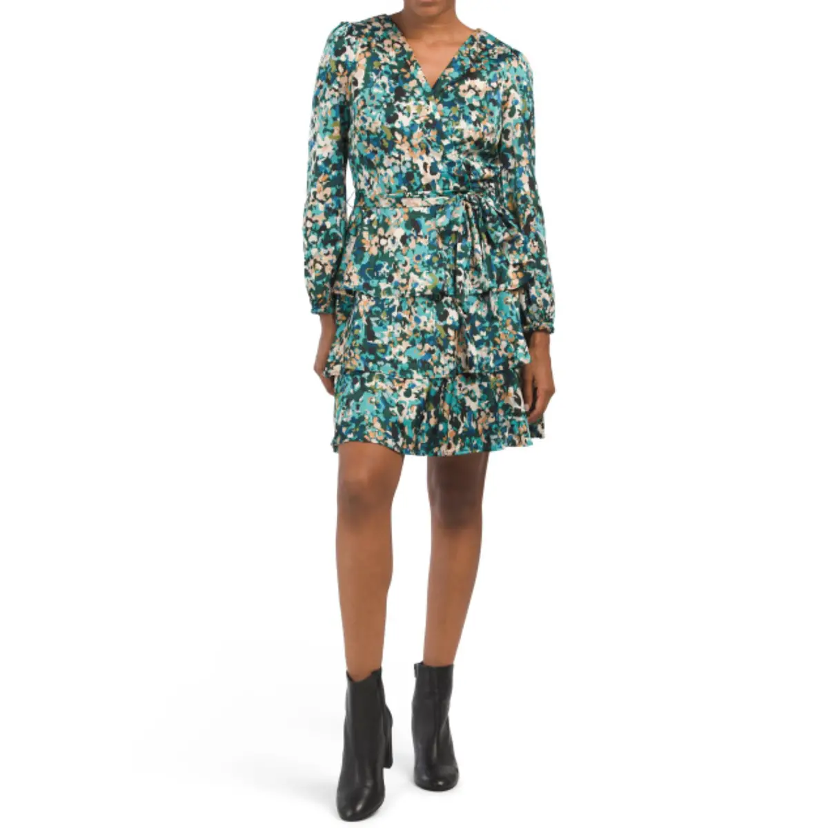 Nicole Miller Ny Women's Floral Print Long Sleeve Ruffle Tiered Mini Dress 1