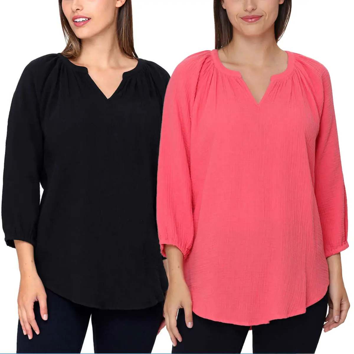 Nicole Miller Women's Notch Neck Raglan Sleeve Top Cotton Gauze Tunic Blouse 1