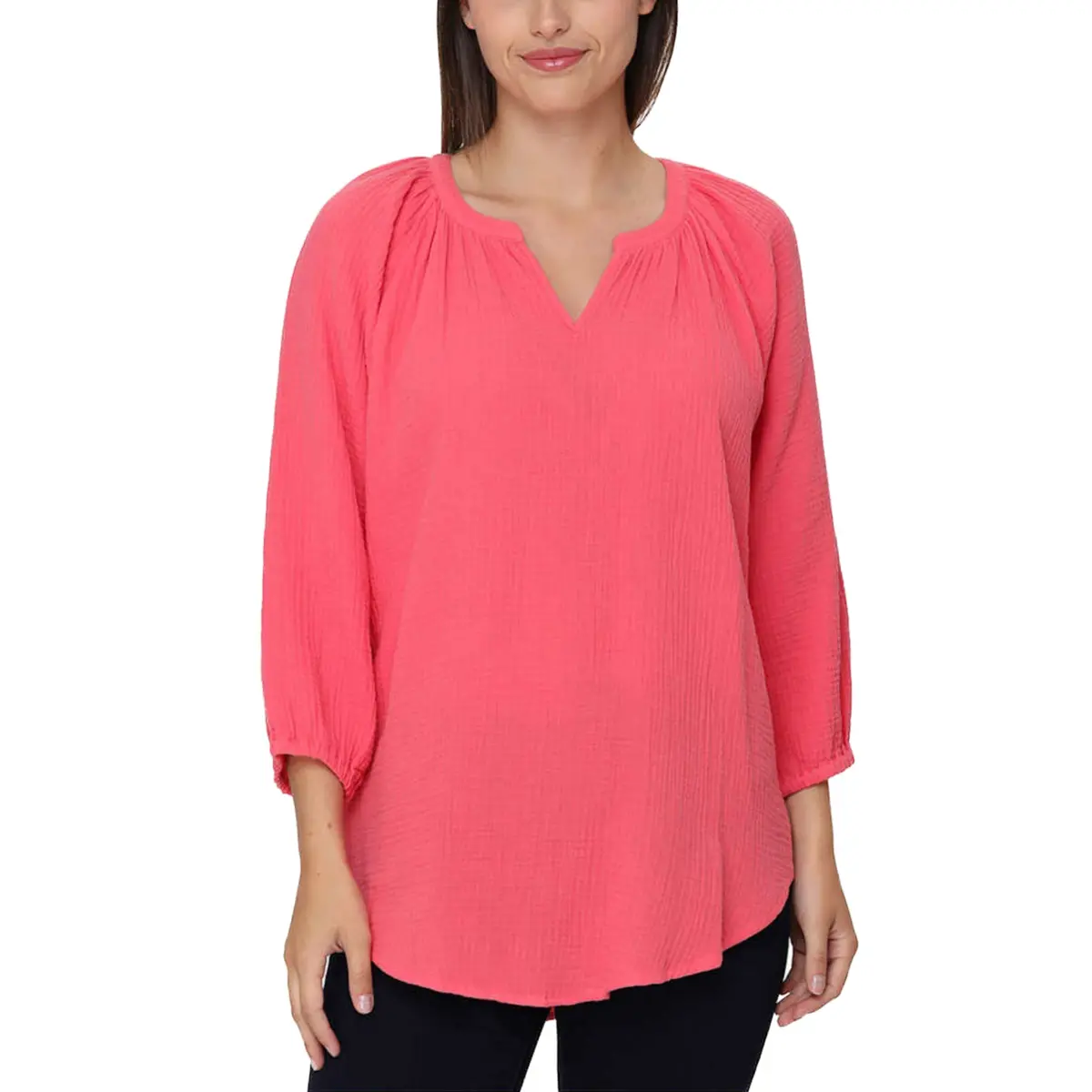 Nicole Miller Women's Notch Neck Raglan Sleeve Top Cotton Gauze Tunic Blouse 1