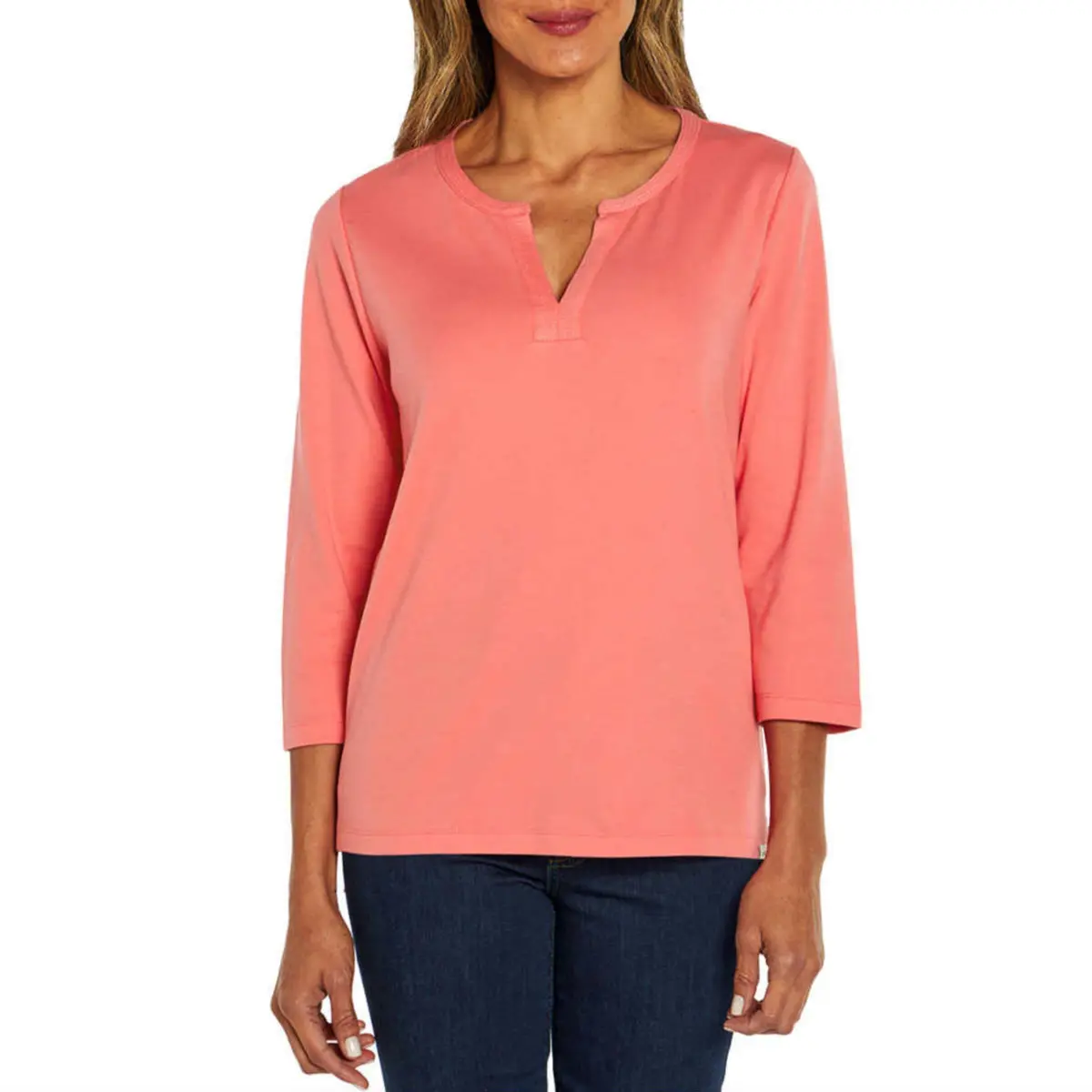 Orvis Women's Three Quater Sleeve Split Neck Soft Pima Cotton Blouse Top 1