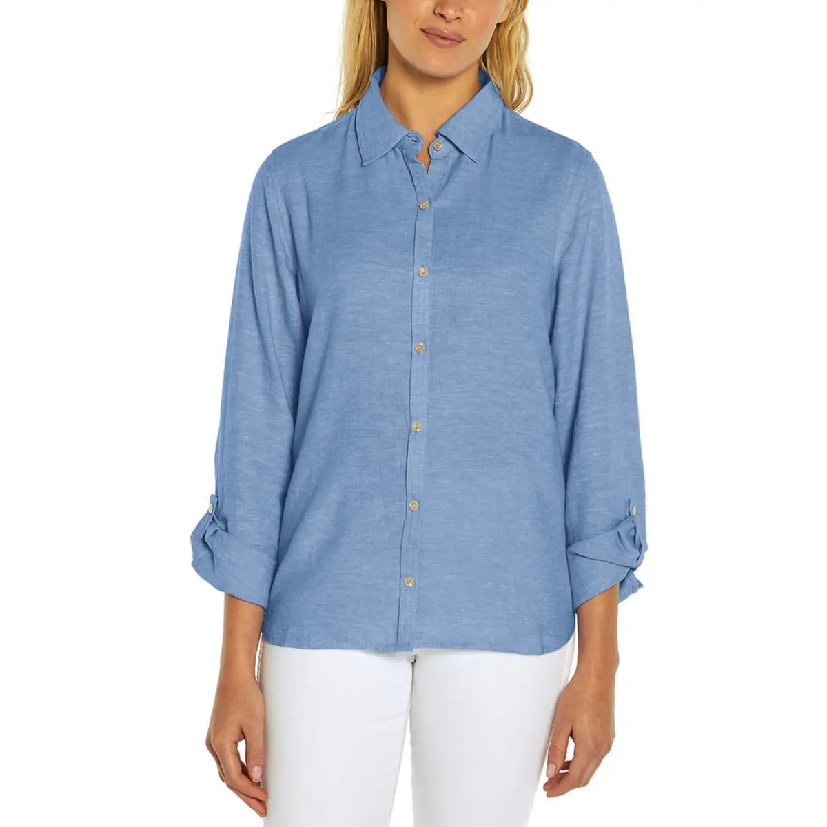 Orvis Women's Soft Lightweight Linen Blend Long Sleeve Top Button Up Shirt 1