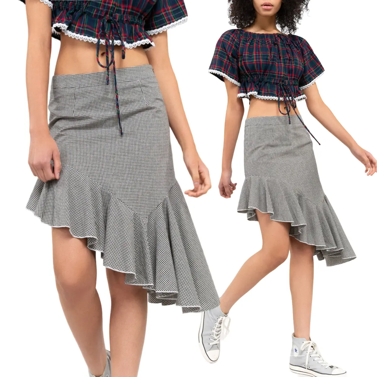 Pol Asymmetrical Ruffle Hem Gingham Cotton Mini Skirt 1