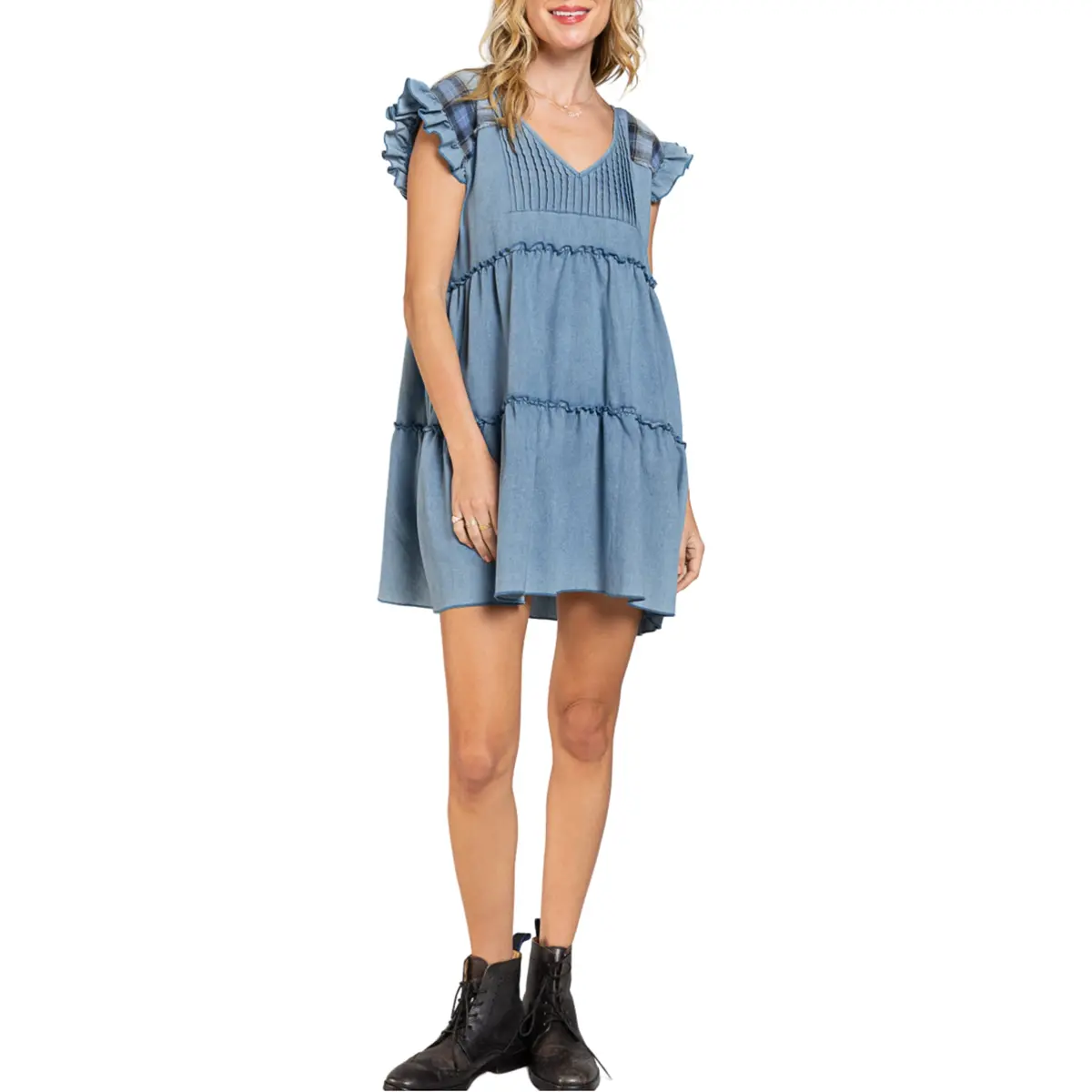 Pol Women's Denim Raffle Sleeve Tired Mini Dress 1