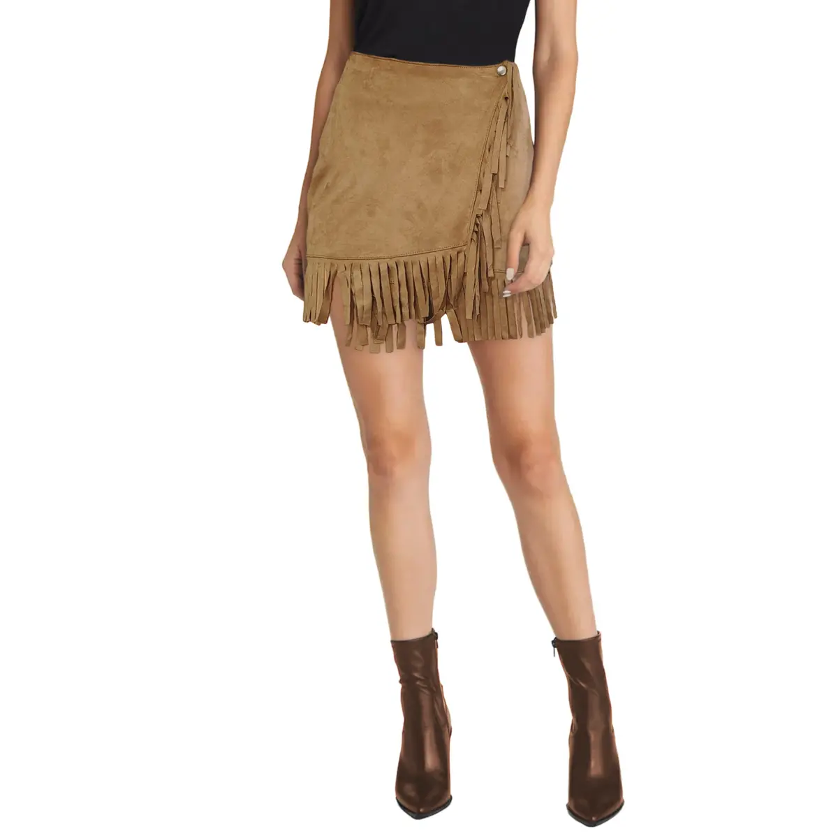 Pol Women's Faux Suede Wrap Fringe Hem Mini Skirt 4
