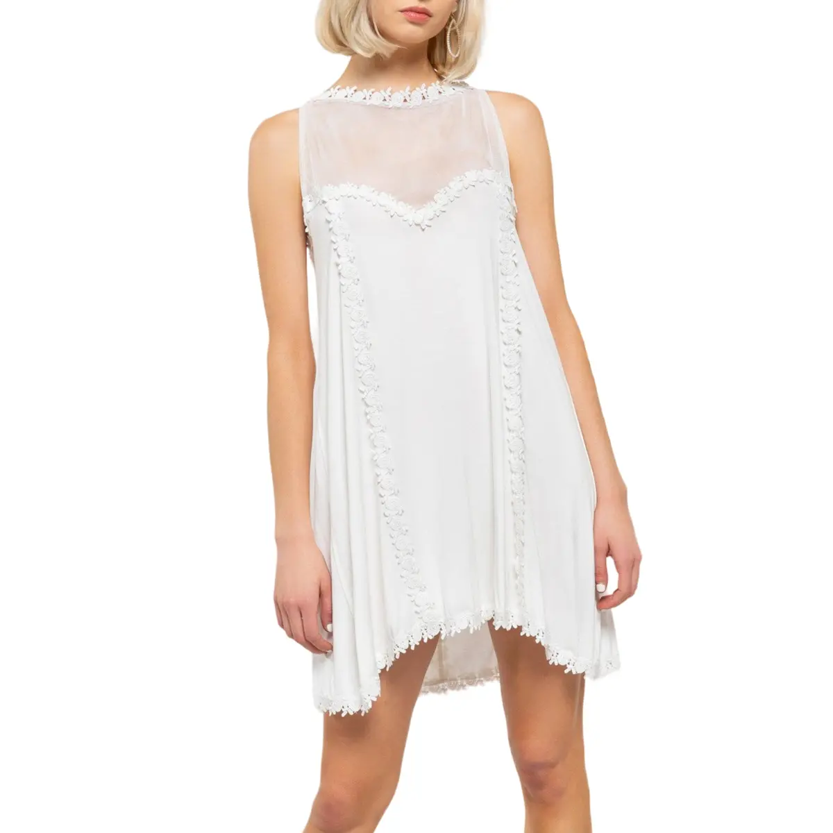 Pol Boho Mesh Yoke Crochet Lace Trim Hi-Low Hem Mini Dress 1