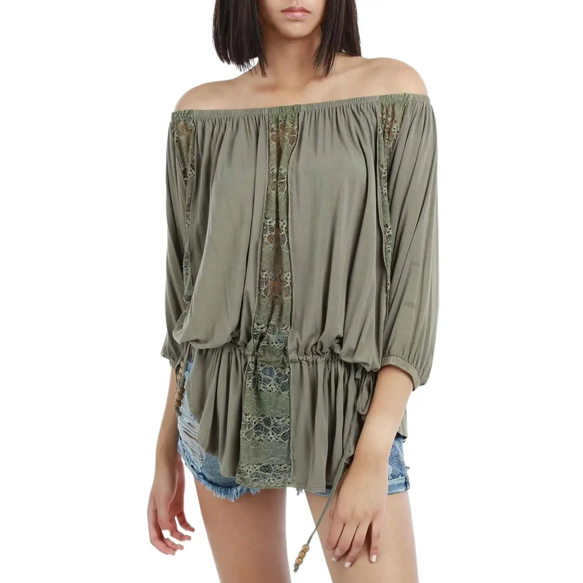 Pol Boho Off The Shoulder Lace Inserts Cotton Blend Blouse Tunic 1
