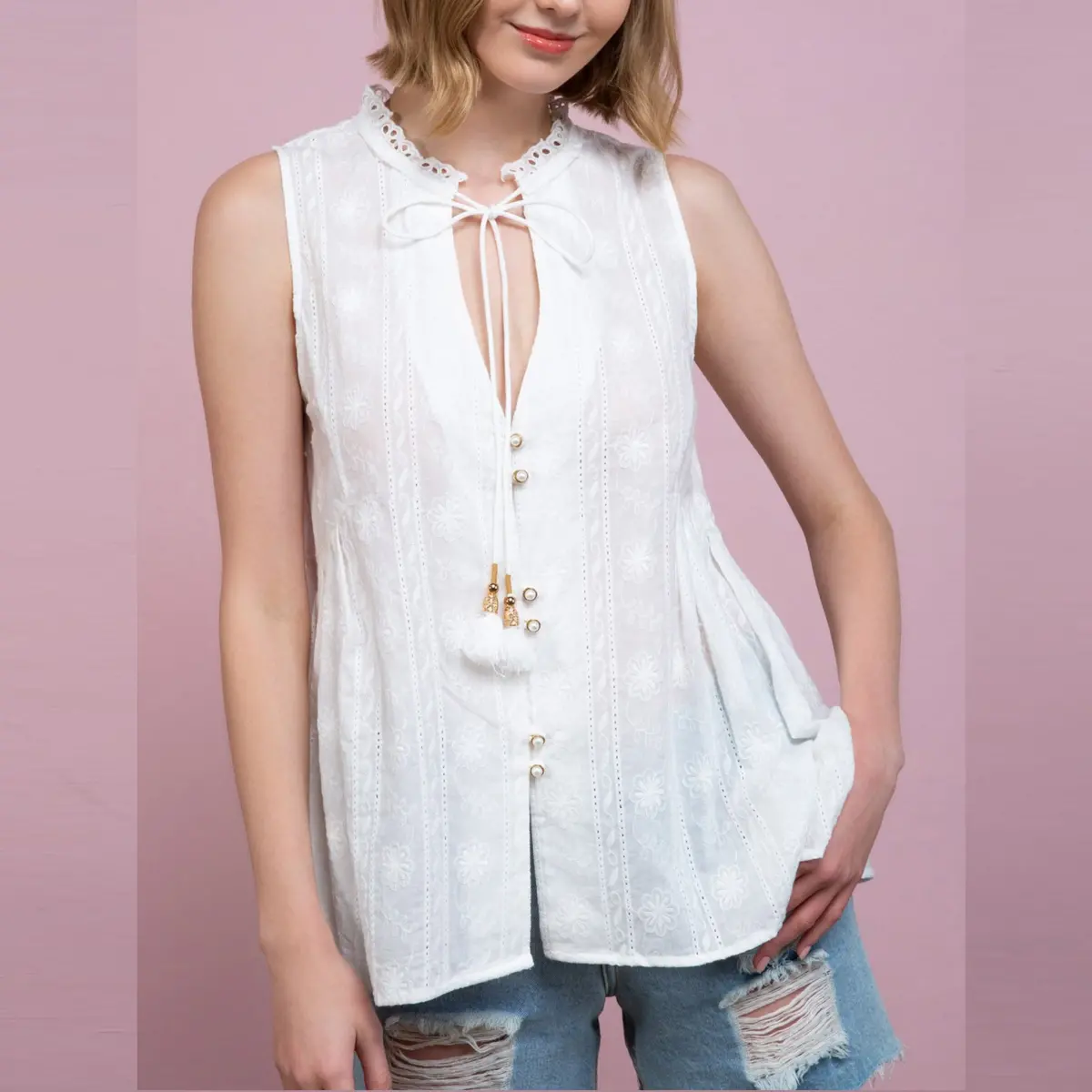 Pol Women's Embroidered Eyelet Trim V-Neck With Tassel Ties Blouse Tunic Top 1