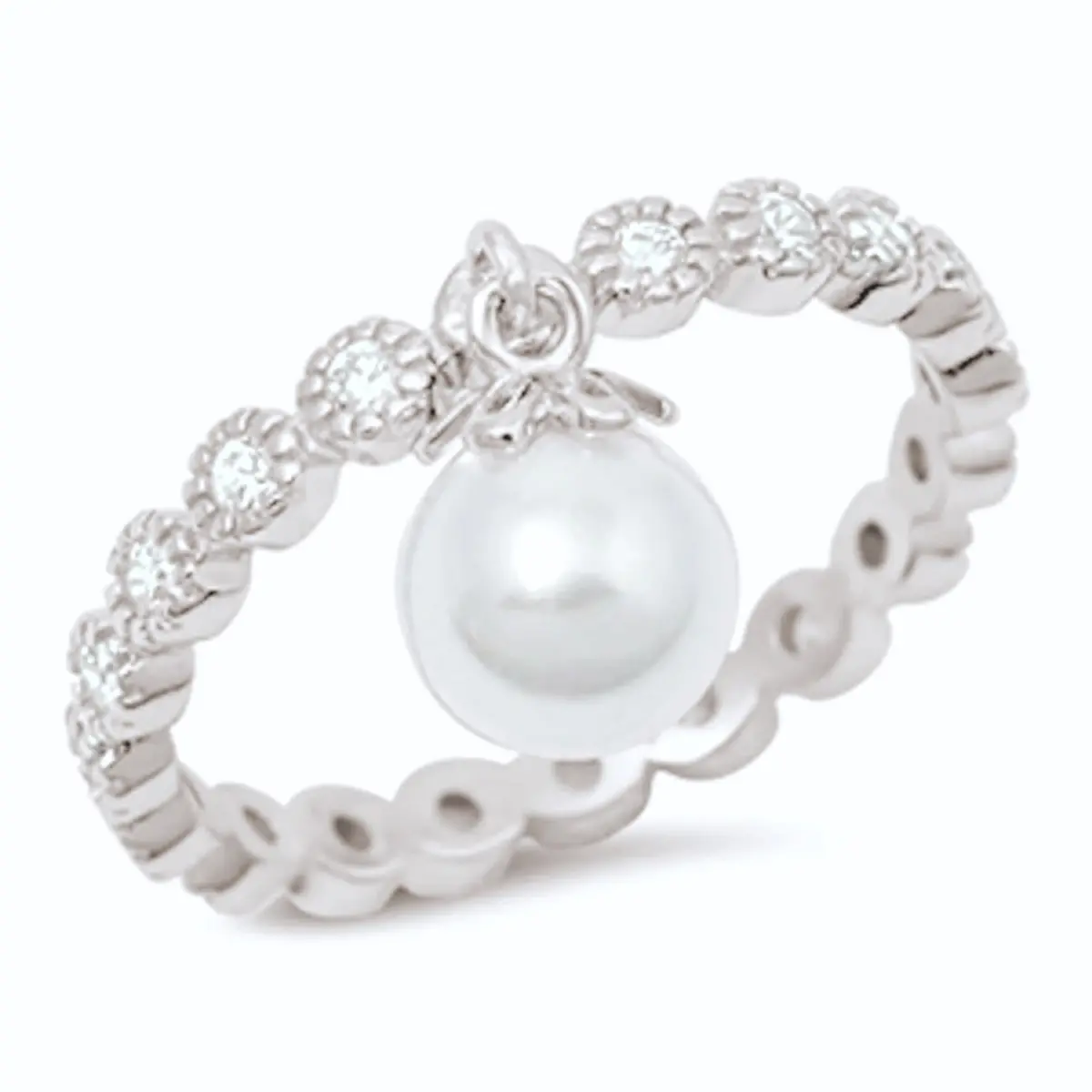 Fashion Women's 925 Sterling Silver Round Eternity Band & Dangle Pearl  Ring 1