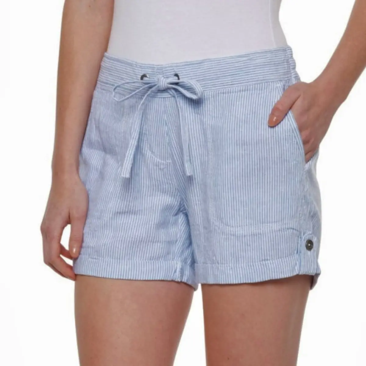 Perse Striped Linen Hand Pockets Drawstring Shorts 1