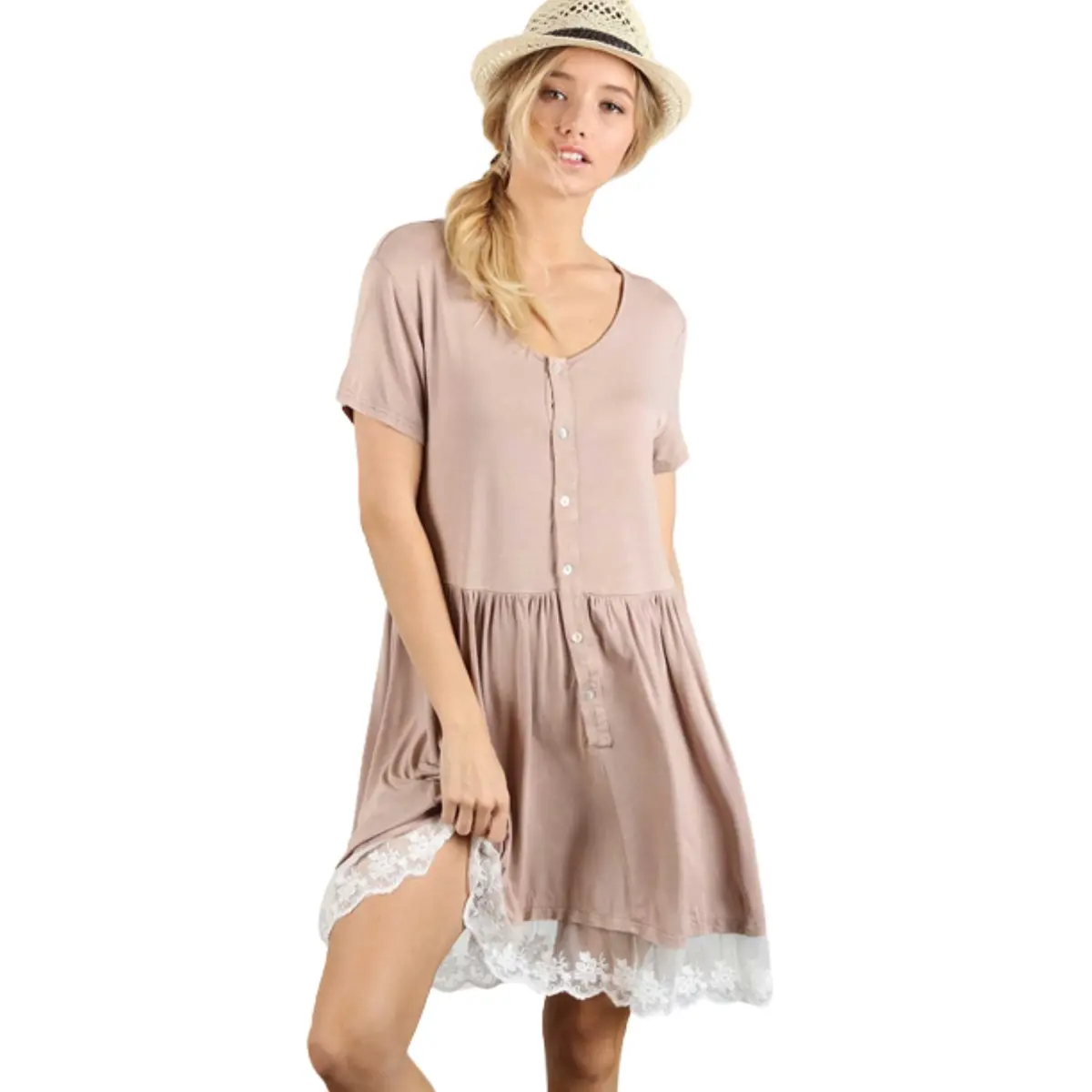 Pol Lace Trim Ruffle Hem Button Closure T-Shirt Mini Dress 1