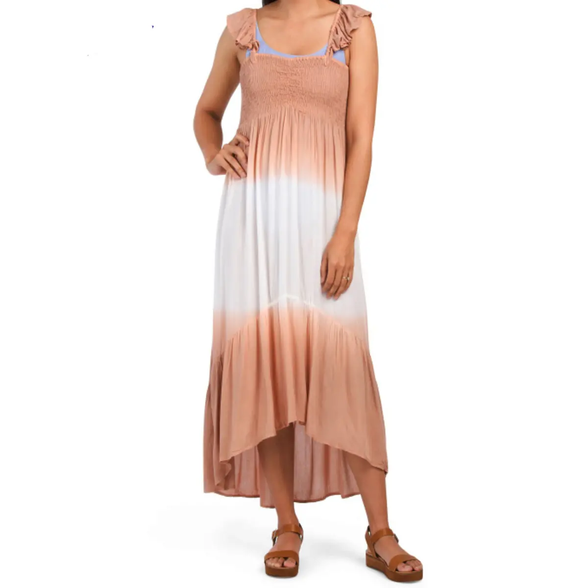 Raviya Women's Tie Dye Ombre Hi-Low Hem Ruffle Trim Cover-Up Maxi Dress 1