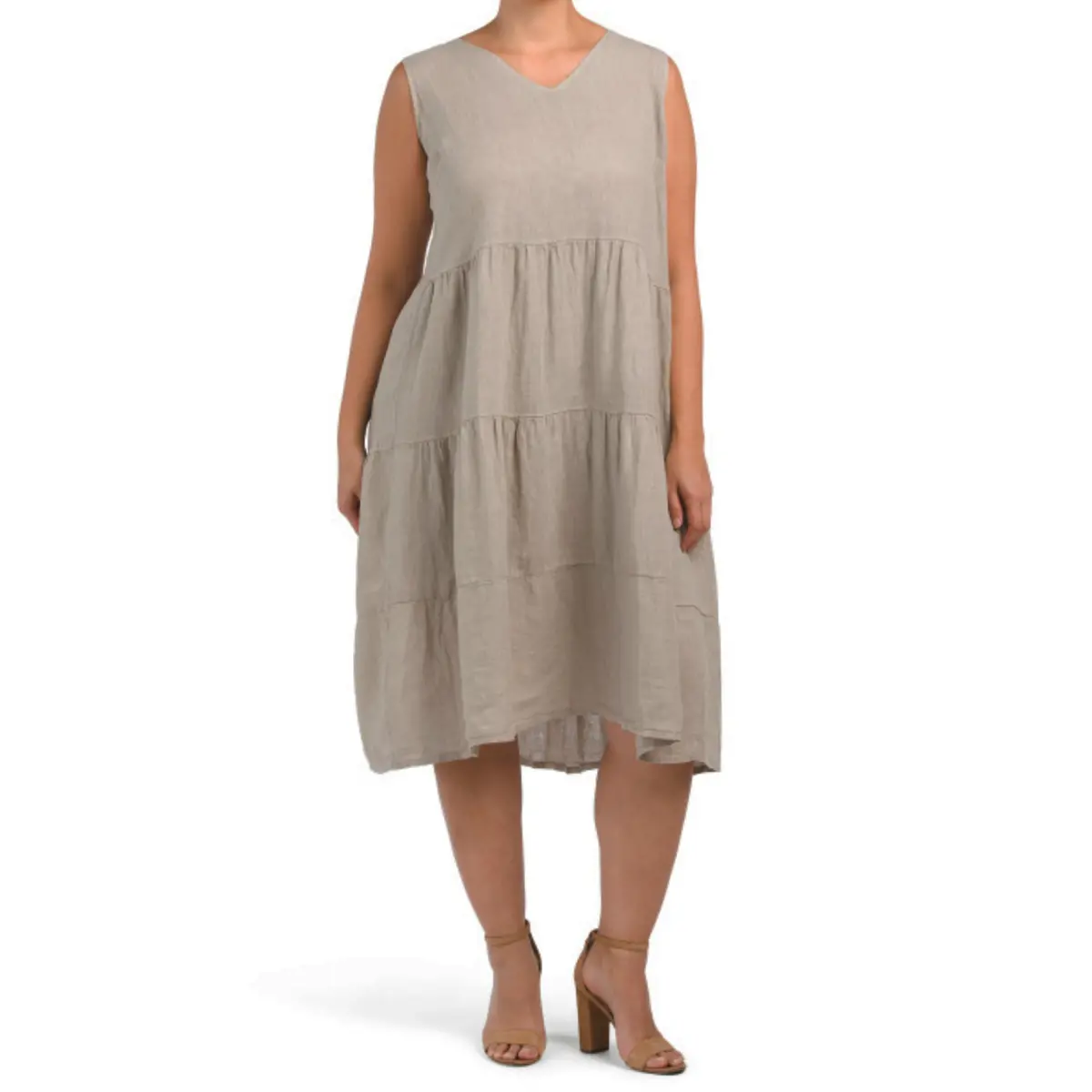 Rosemarine Plus Made In Italy Linen Sleeveless V-Neck Tiered Midi Dress 1
