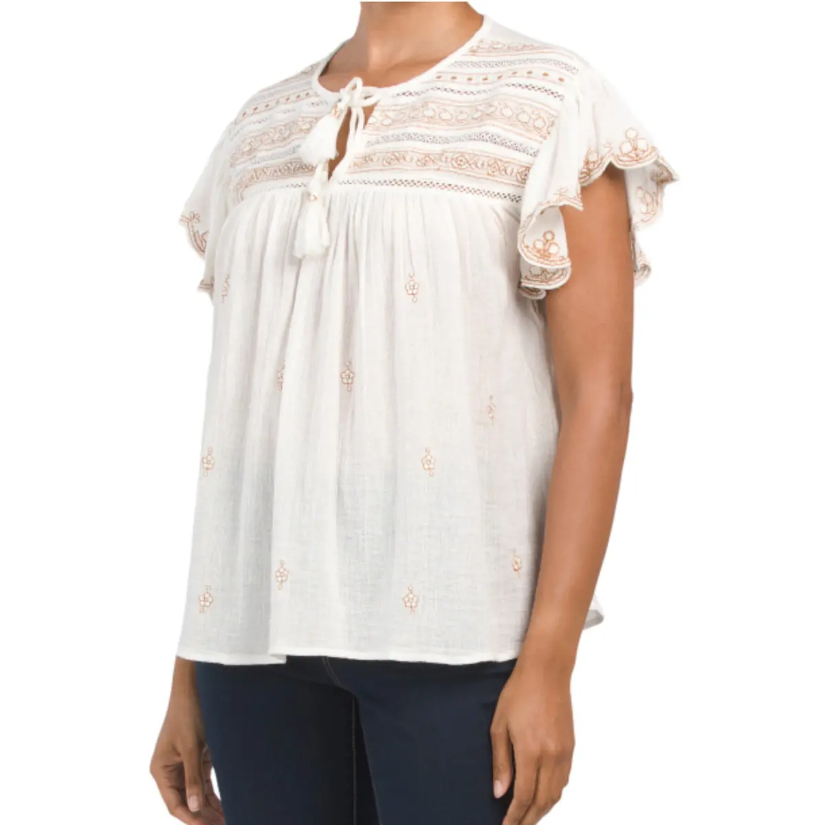 Rachel Zoe Women's Short Sleeve Embroidered Split Neck Blouse Top 1