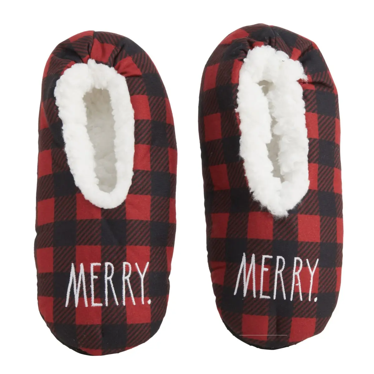 Rae Dunn Women's Merry Merry Plaid Plush Faux Fur Christmas Cozy Slippers 1