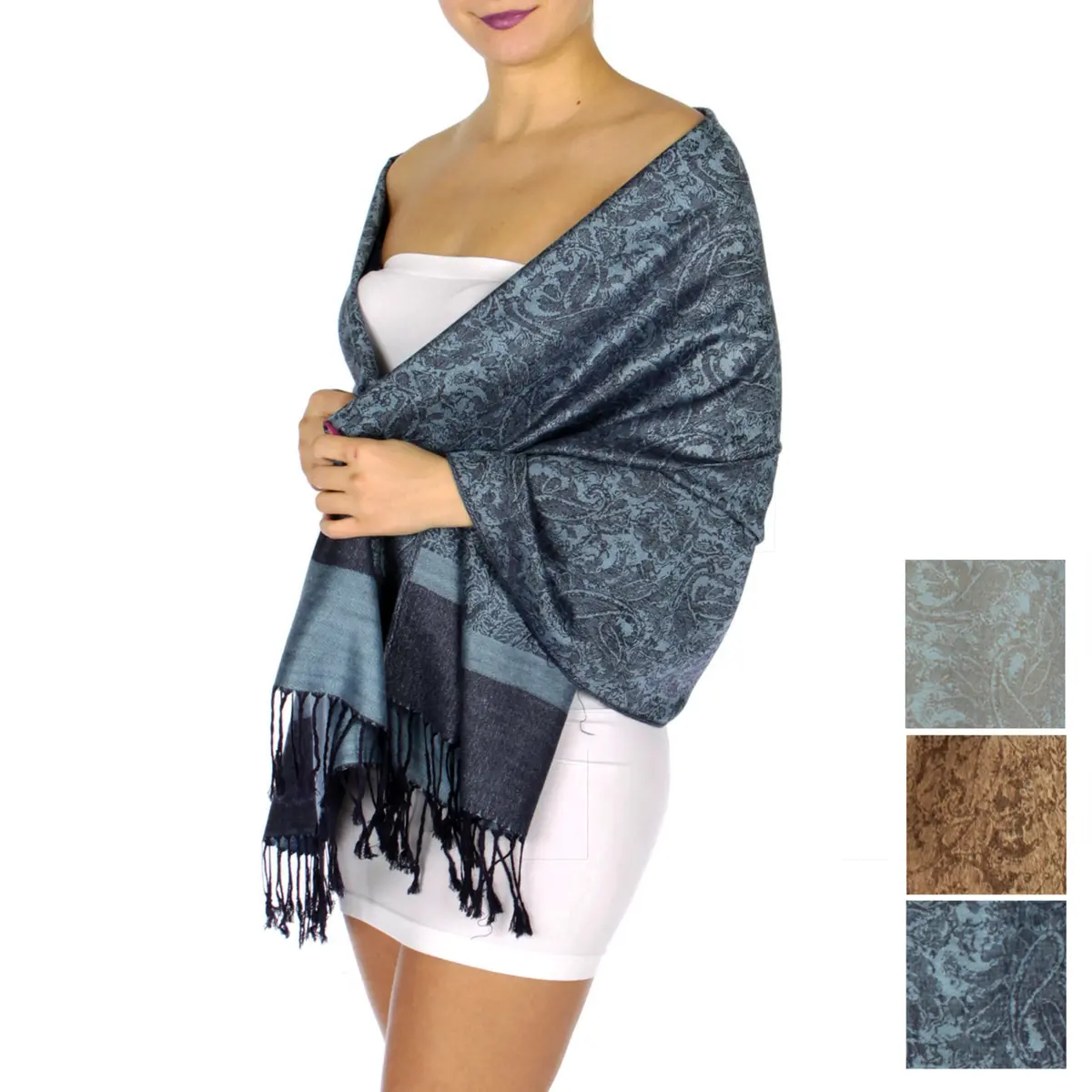 Women's Pashmina Reversible Paisley Fringed Shawl Evening Wrap 1