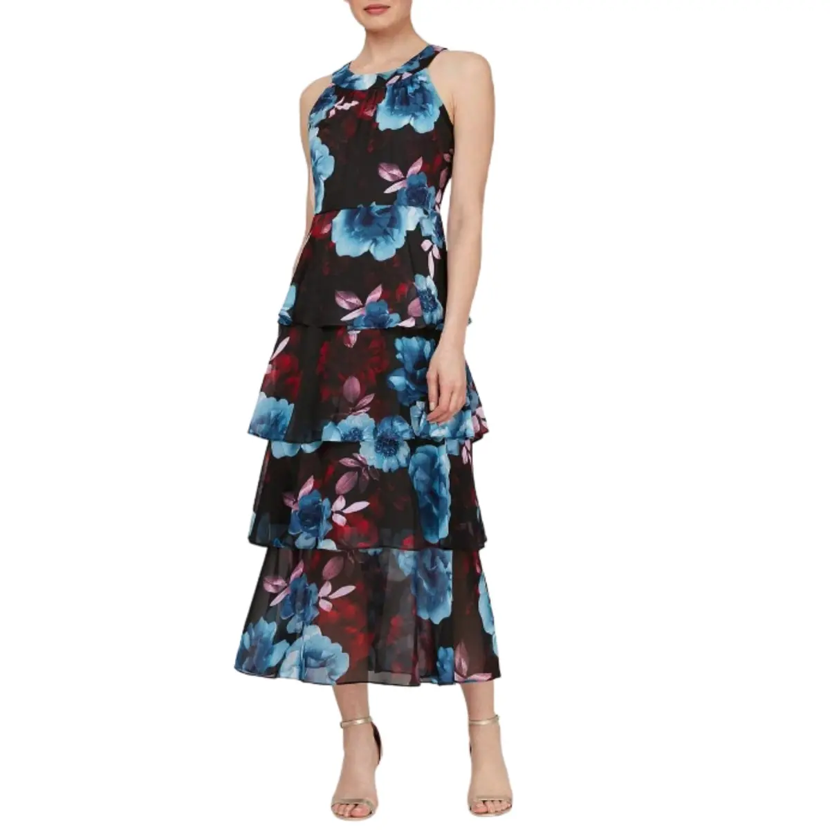 S.L. Fashions Sleeveless Floral Print Flowing Ruffle Tiered Party Maxi Dress 1