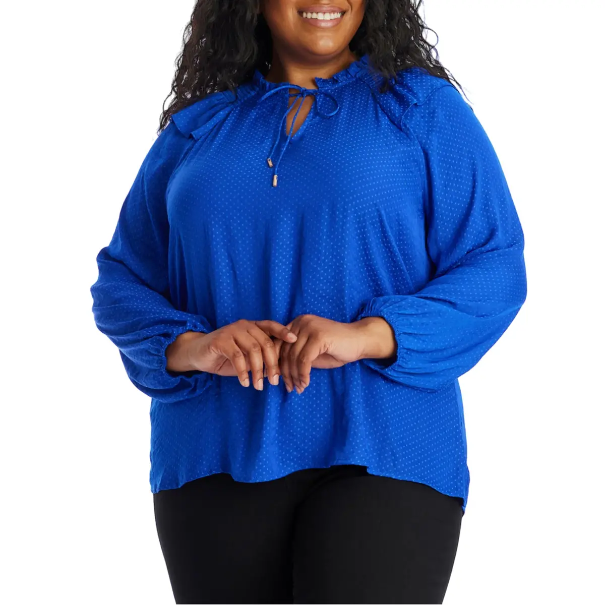 Skies Are Blue Women's Plus Front Tie Ruffle Trim Puff Sleeve Blouse 1