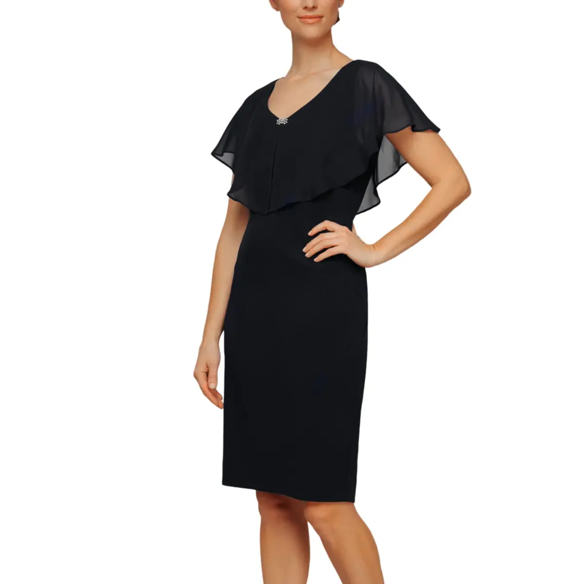 Sl Fashions Women's Plus V-Neck With Popover Sheer Details Sheath Mini Dress 1