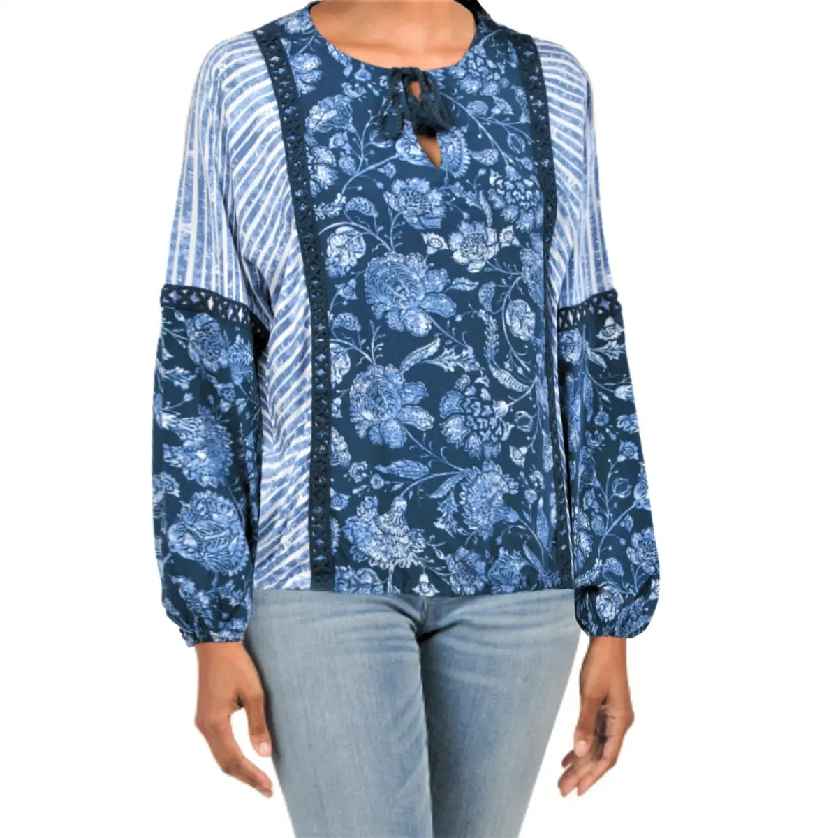 Spense Women's Boho Floral Print Crochet Detail Long Sleeve Blouse Tunic 1