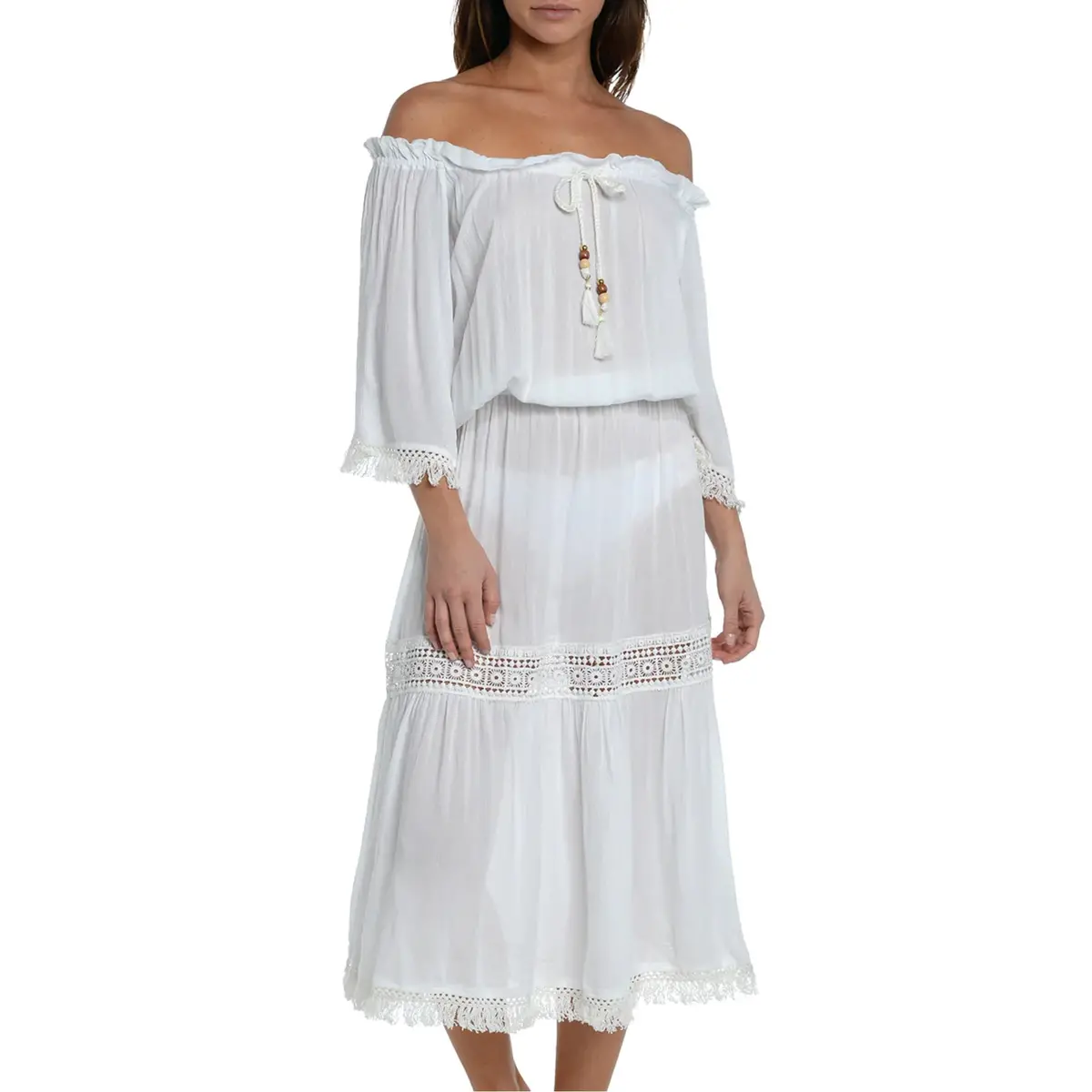 Sunshine 79 Women's Crochet Trim Off-The-Shoulder Midi Dress Beach Swim Cover-Up 1
