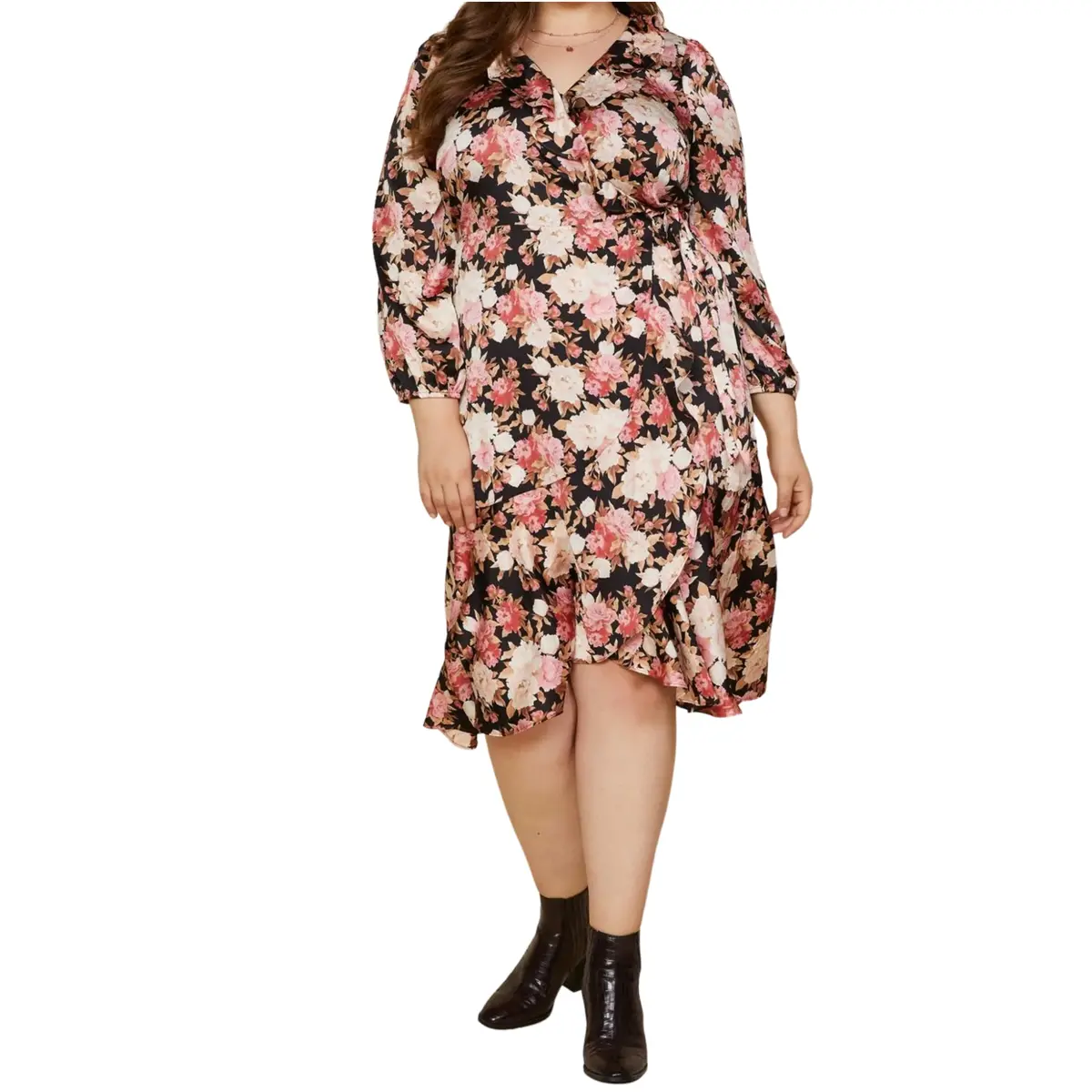 Skies Are Blue Plus Rose Print Ruffle Trim Floral Wrap Midi Dress 1