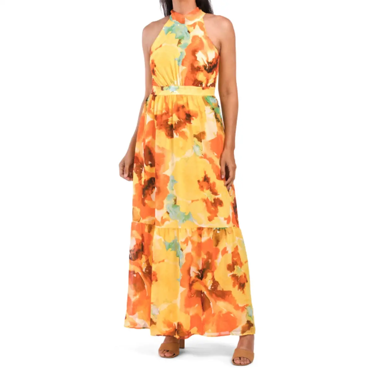 Tahari Asl Floral Print Halter Neck Tie Back Chiffon Maxi Dress 1