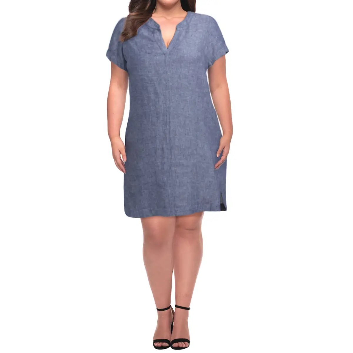 Tahari Women's Plus Linen Short Sleeve Split Neck Mini Dress 1