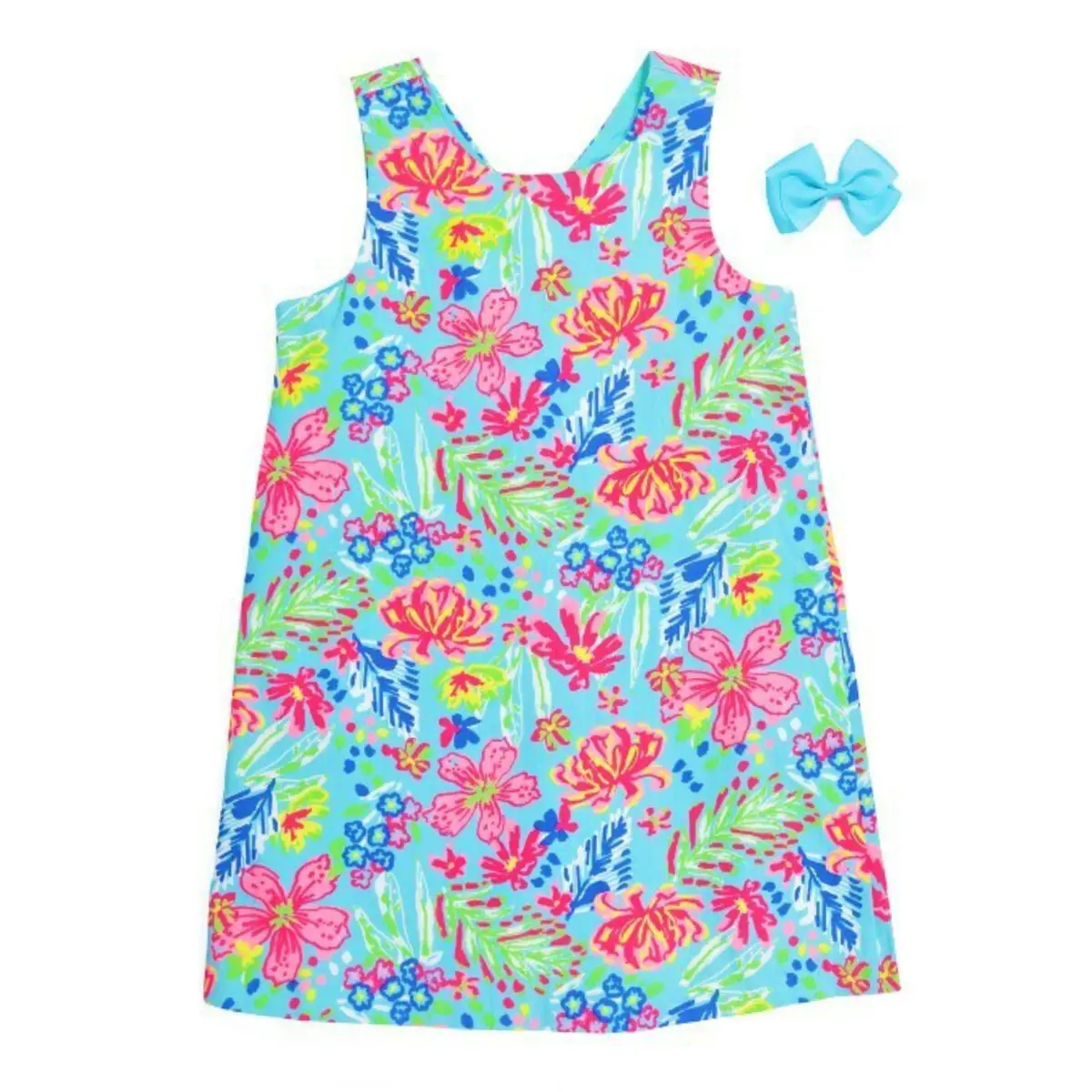 Tommy Bahama Girls Printed Cotton Shift Dress With Hair Clip 1