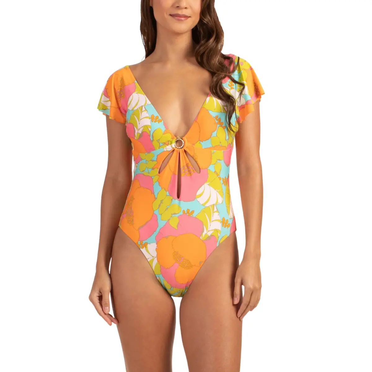 Trina Turk Women's Playa De Flor Keyhole Front Flutter Sleeves One-Piece Swimsuit 1