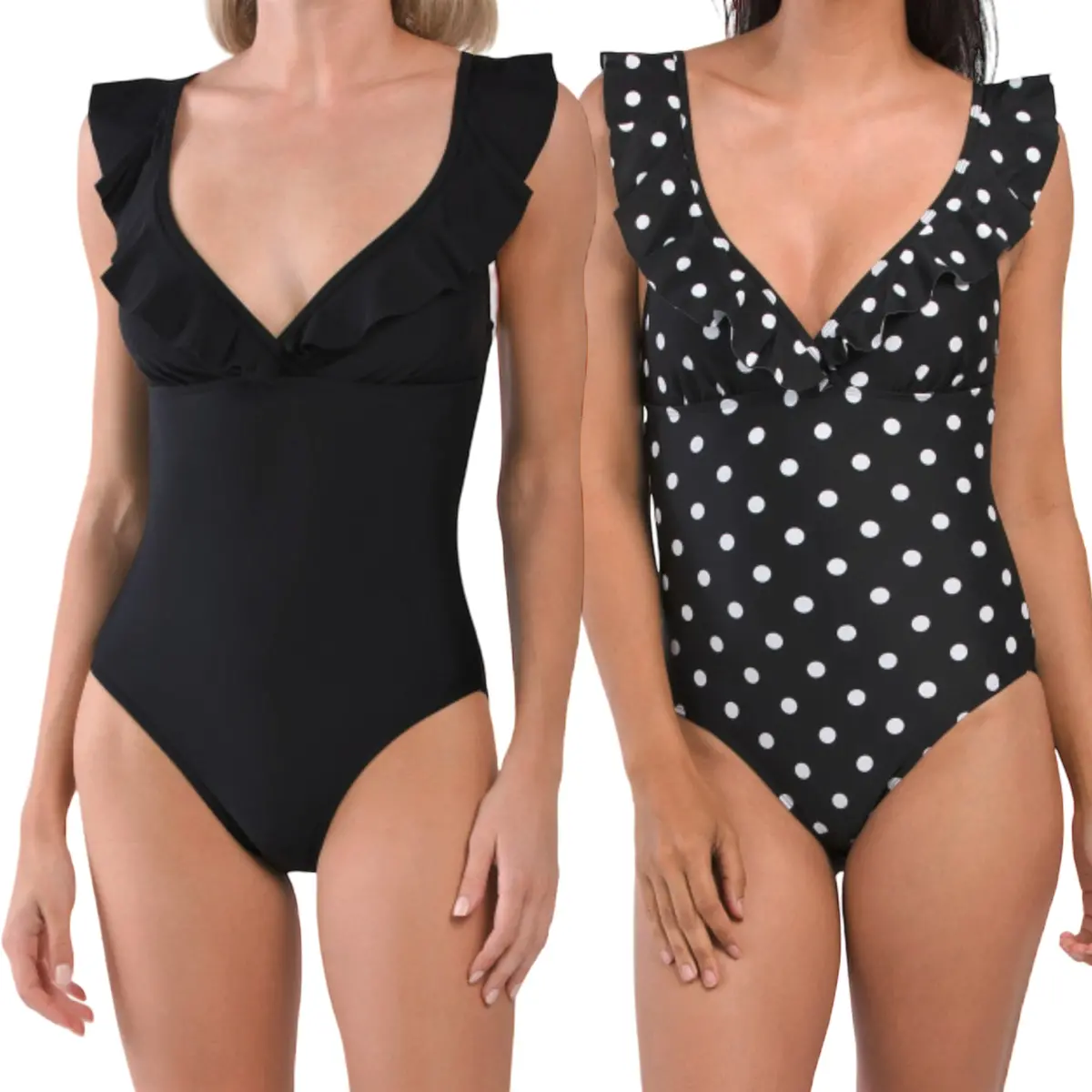 T Tahari Women's Polka Dot Solid Ruffle Surplice One-Piece Swimsuit 1